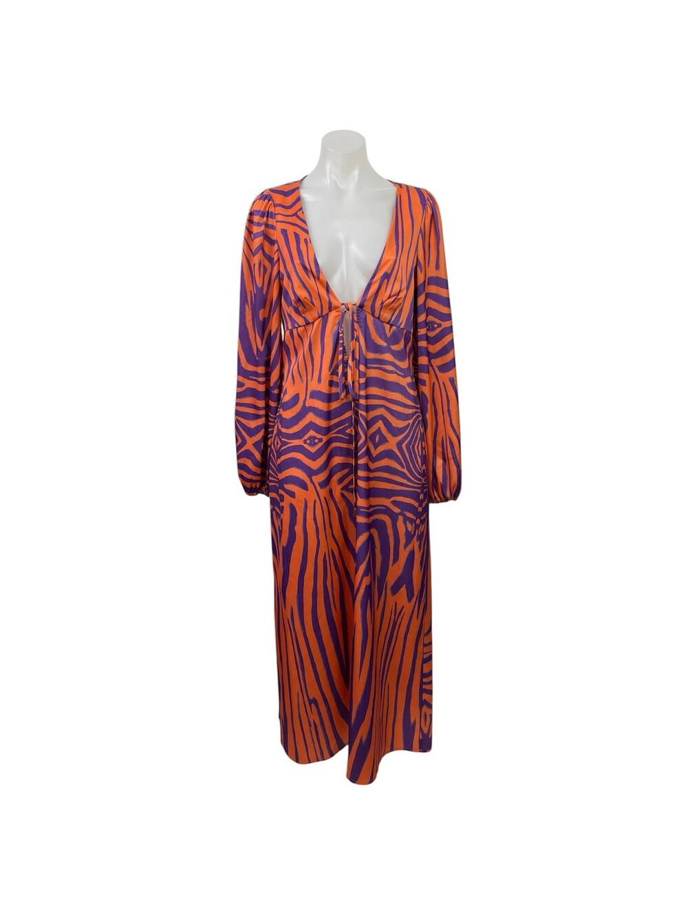 AFRM Portia Coral Zebra Animal Print Long Sleeve Plunge Tie Maxi Dress Size M